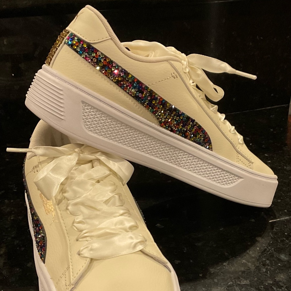 PUMA Smash V3 Platform Sneakers Size 8 & Rainbow SWAROVSKI stones Ribbon Ties - Picture 8 of 11